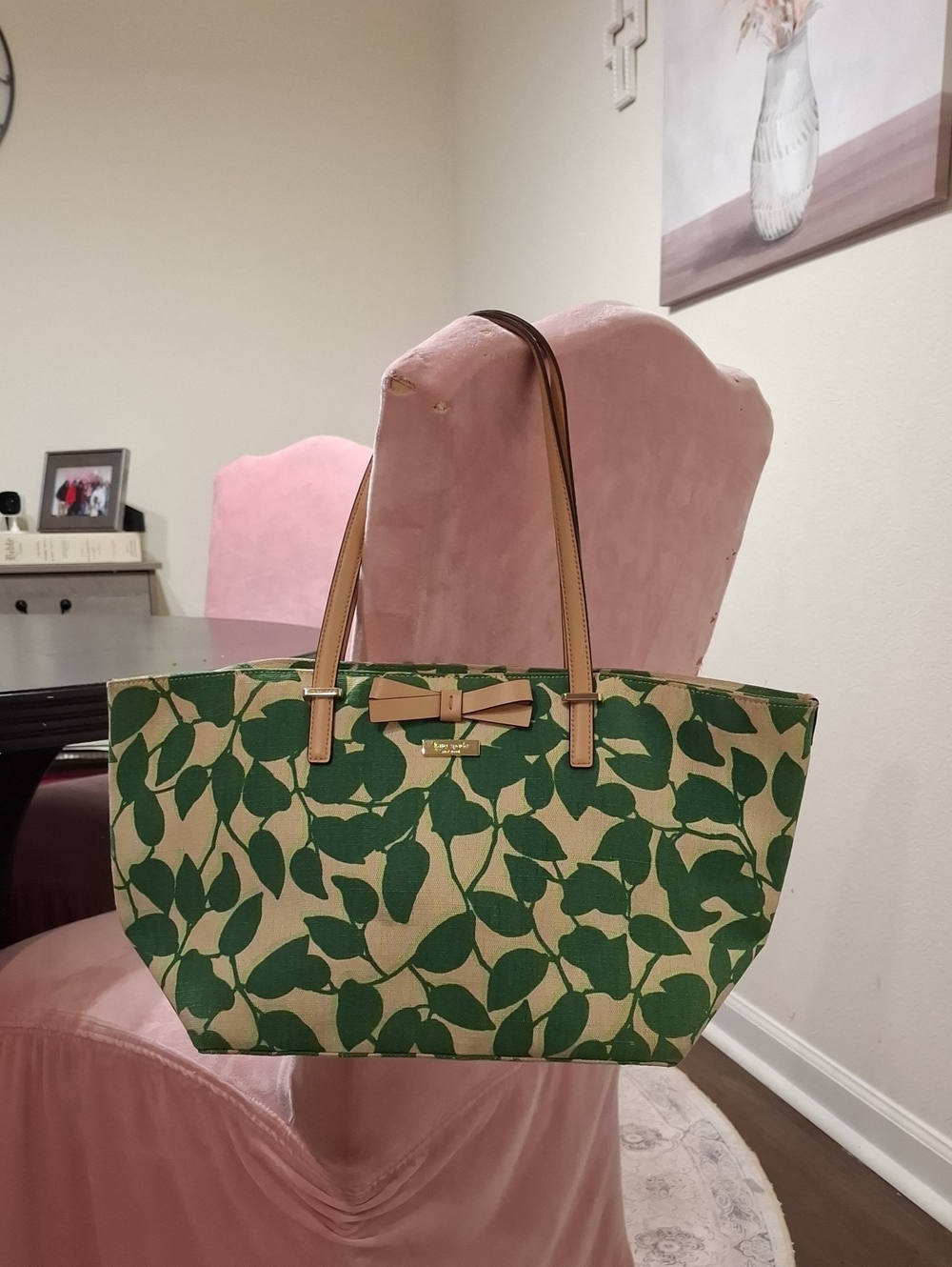 kate spade Green Leaf-Print Canvas Tote with Tan Straps